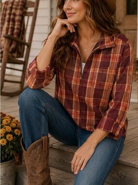 Christopher & Banks 100 % Cotton Plaid Shirt Jacket Full Zip Size L Burgundy